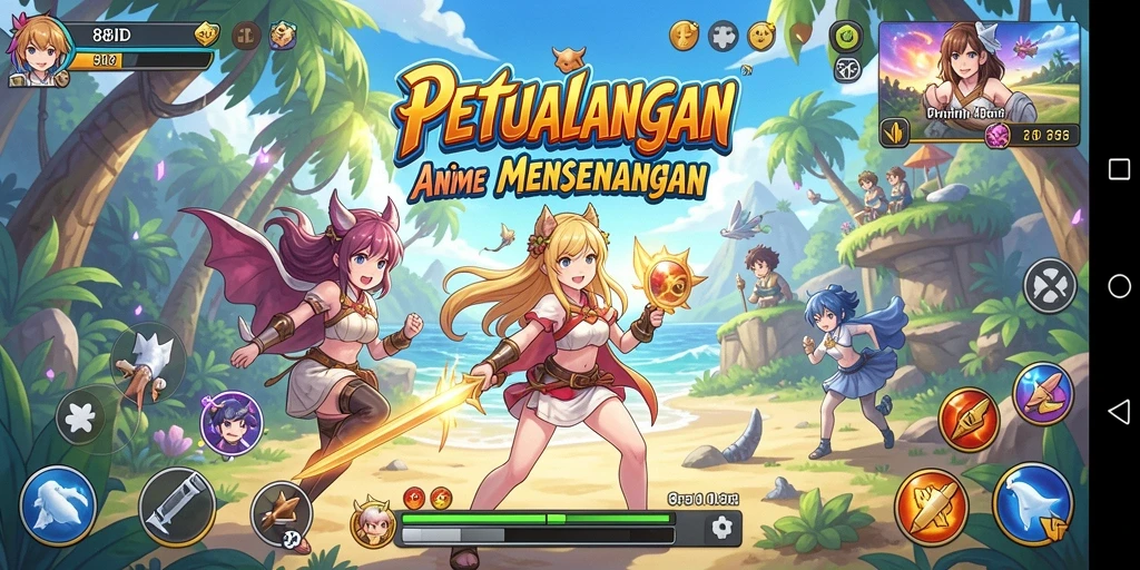 Tampilan gameplay menarik dengan karakter anime yang ikonik.