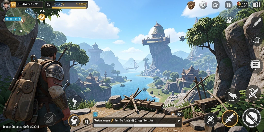 Screenshot gameplay Open World JEPANG77 dengan pemandangan indah.