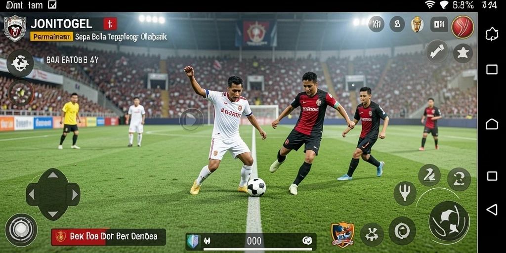 Screenshot gameplay JONITOGEL menampilkan aksi seru di lapangan sepak bola.