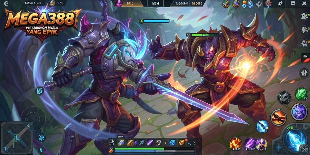 Tangkapan layar gameplay MEGA388 yang menampilkan aksi seru dalam pertarungan MOBA.