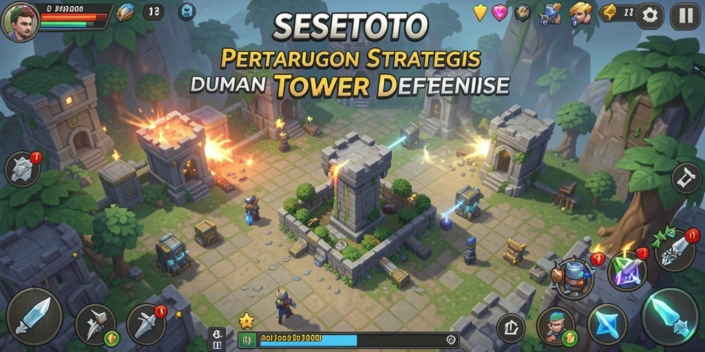 Screenshot dari gameplay SESETOTO yang menunjukkan aksi menakjubkan Tower Defense.