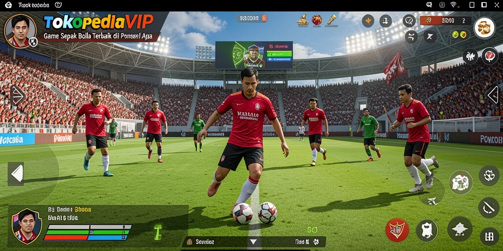 Screenshot gameplay <strong>TOKOPEDIAVIP</strong> yang menampilkan aksi seru di lapangan sepak bola.